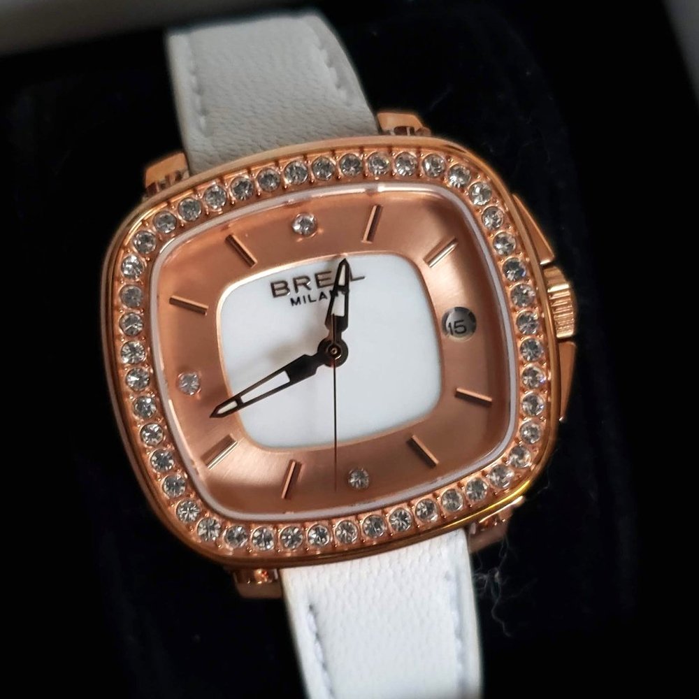 NIB BREIL MILANO Watch Swarovski Crystals Rose Gold white Leather Band TW1318